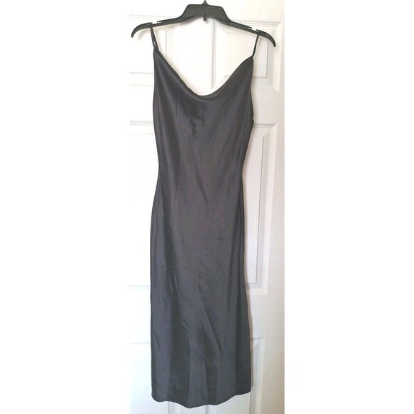 bigHit Dresses & Skirts - Womens Satin Midi Slip Dress Large Black Drape Neck Slit Whimsygoth Y2K bigHit